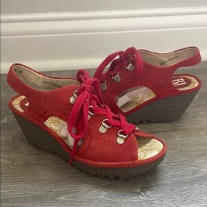 Fly London Red Lace-Up Wedge Sandals (size 36)